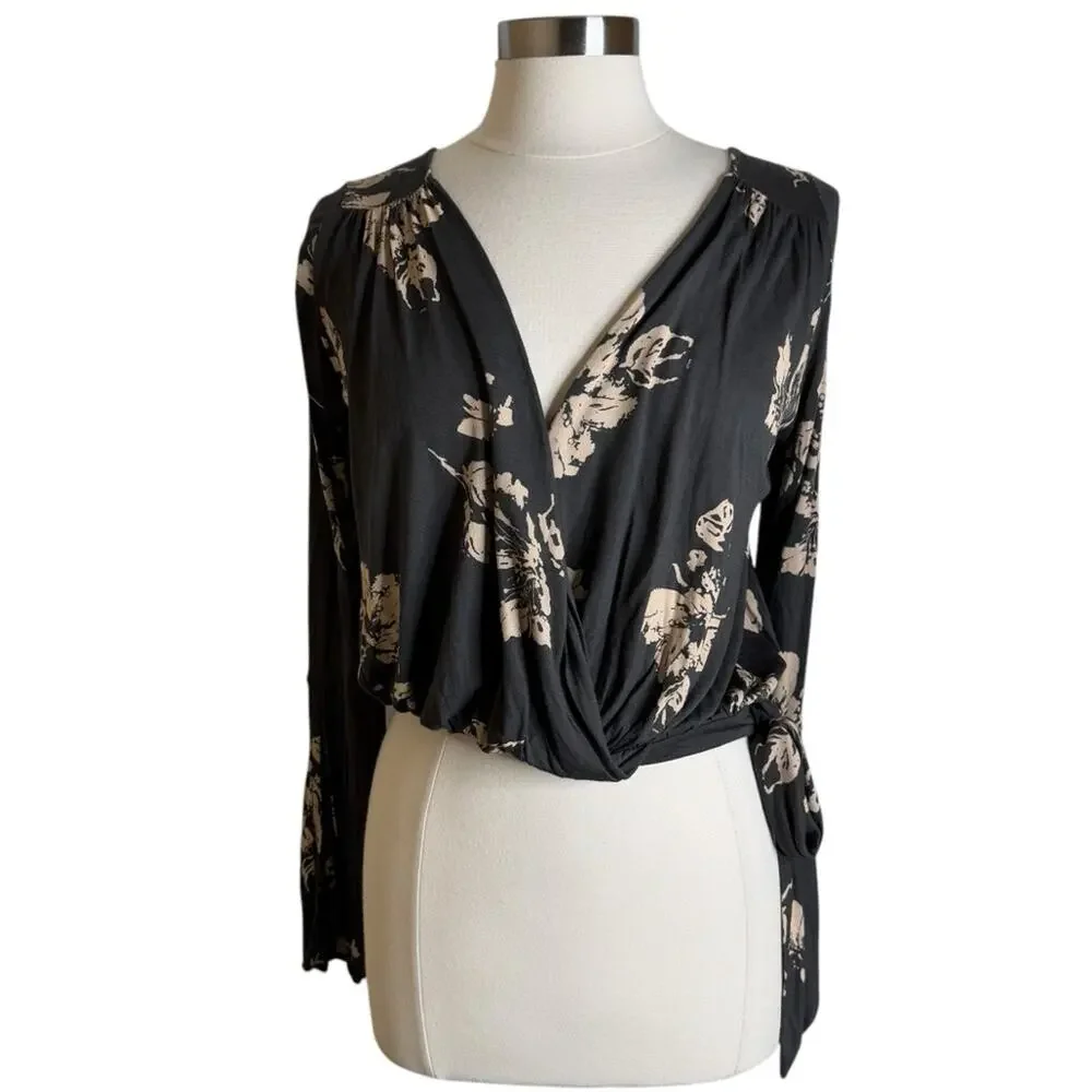 Free People Fiona Surplice Crop Top with Open Bell Sleeves Women's Size Small